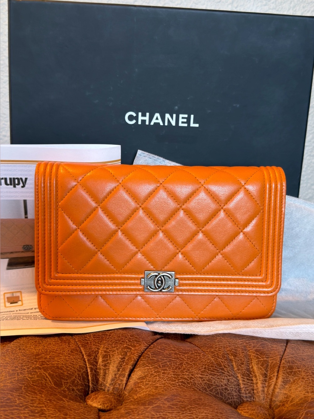CHANEL BOY WOC Orange Lambskin Quilted Leather Ruthenium HW Wallet on Chain COA